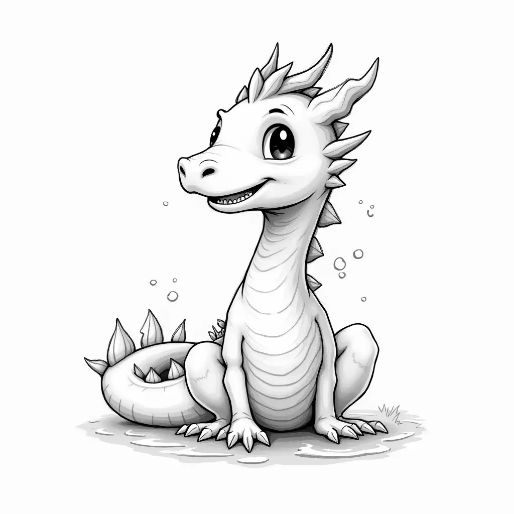 Young adult water dragon . Sketch in black and white. It should be in 2D