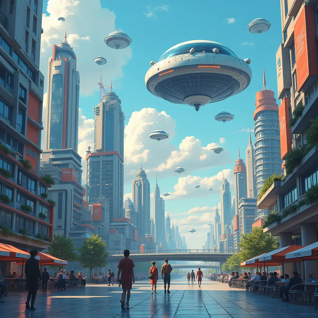 Draw a Futuristic city, The Cities floating in the sky, robots walking and flying around, Virtual reality looking, Futuristic Electric cars flying in the air like the Jetsons, solar lights aglow