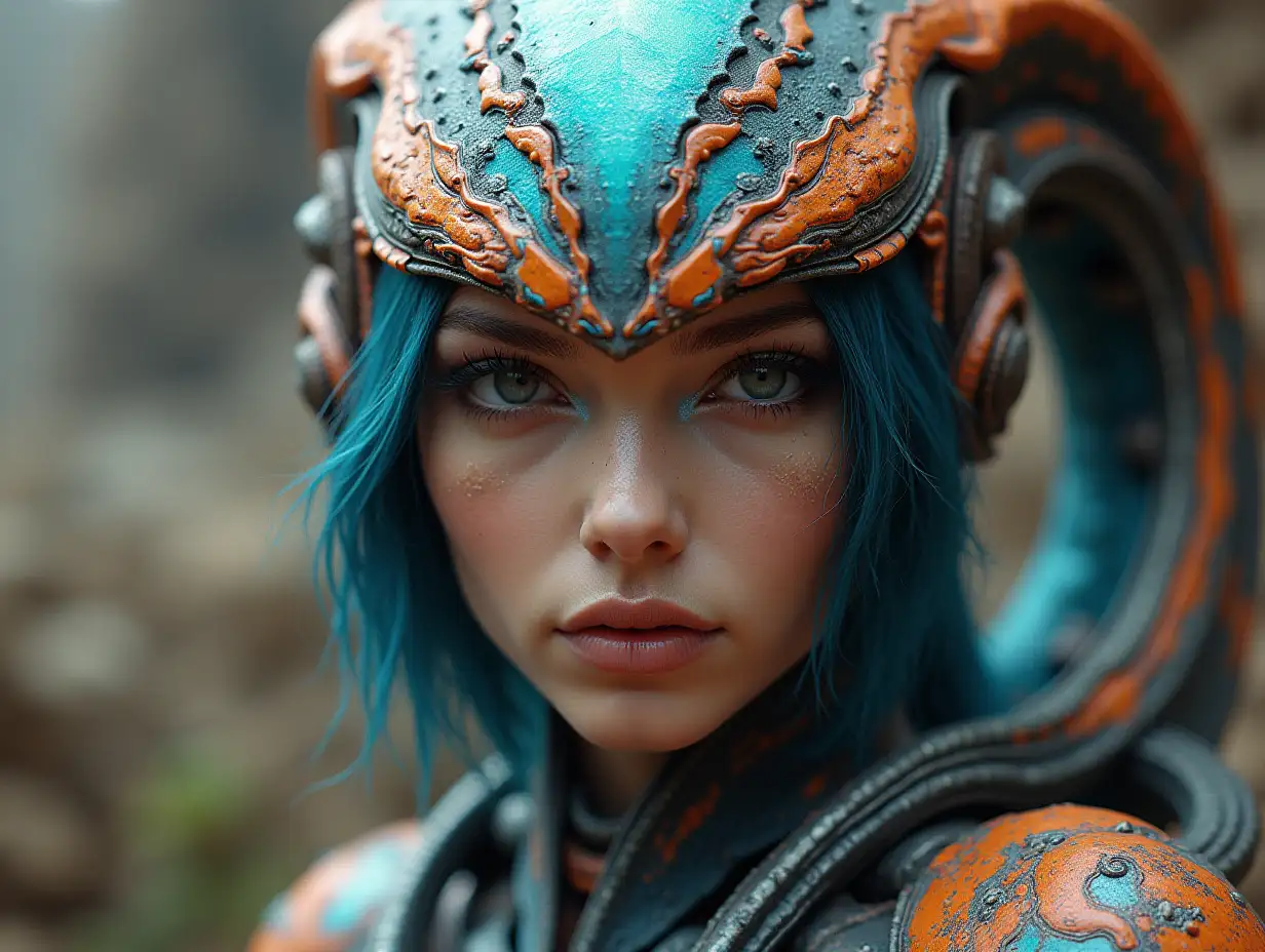 Hyperrealistic of a beautiful Alien-Queen, futuristic, intricately detailed, colorful and rocky background.