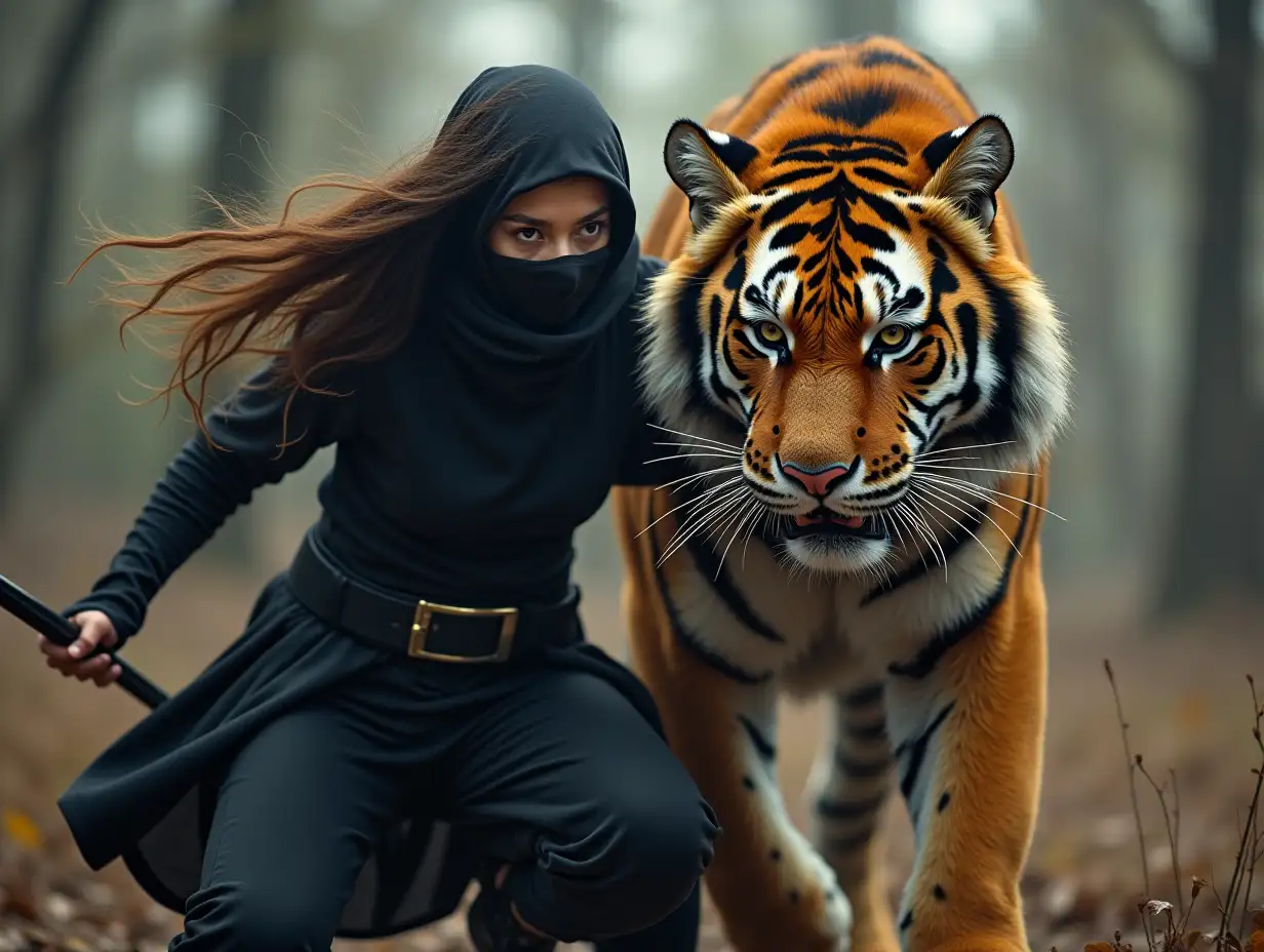 A woman with long hair, pretty face, wearing a black ninja suit, together with a giant tiger, fighting against a horde of forest bandits with epic and drama