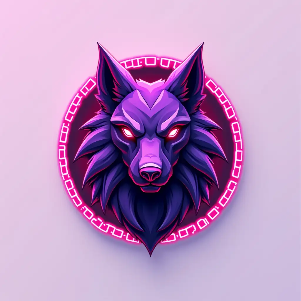 Design a bold, futuristic logo for the 'Cerberus' application—an innovative blockchain-based communication and file storage system. Reimagine the mythological three-headed dog, Cerberus, as a symbol of vigilance, power, and unbreakable security. Integrate strict, geometric elements reminiscent of digital chains and interconnected blockchain nodes to emphasize a high-tech aesthetic. Use a modern color palette featuring vibrant pink and purple hues with metallic accents, incorporating a gradient that transitions smoothly between these tones, and utilize #9a68c6 as a standout accent color. The design should be clean, minimalist, and fully scalable for both digital and print media.