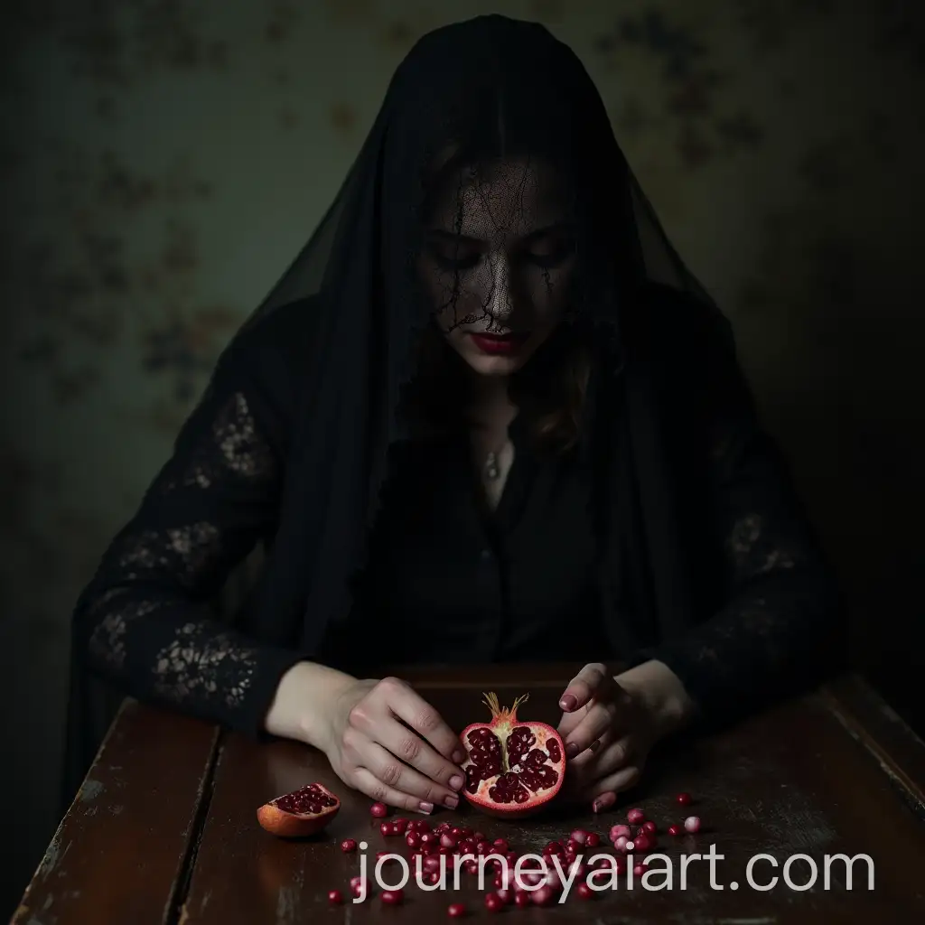 Mysterious-Lady-in-Lace-Veil-Peeling-Pomegranate-in-Dimly-Lit-Room