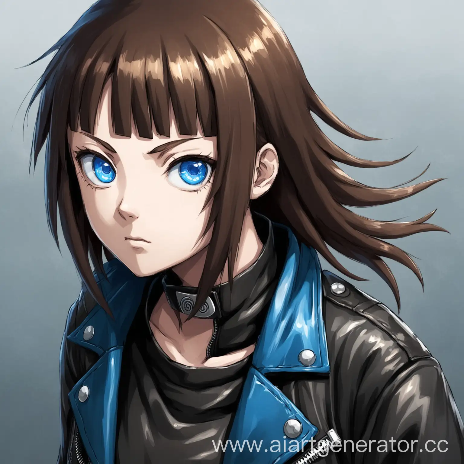 naruto. girl, blue eyes, undercoat, brown hair, blue bangs, black leather jacket