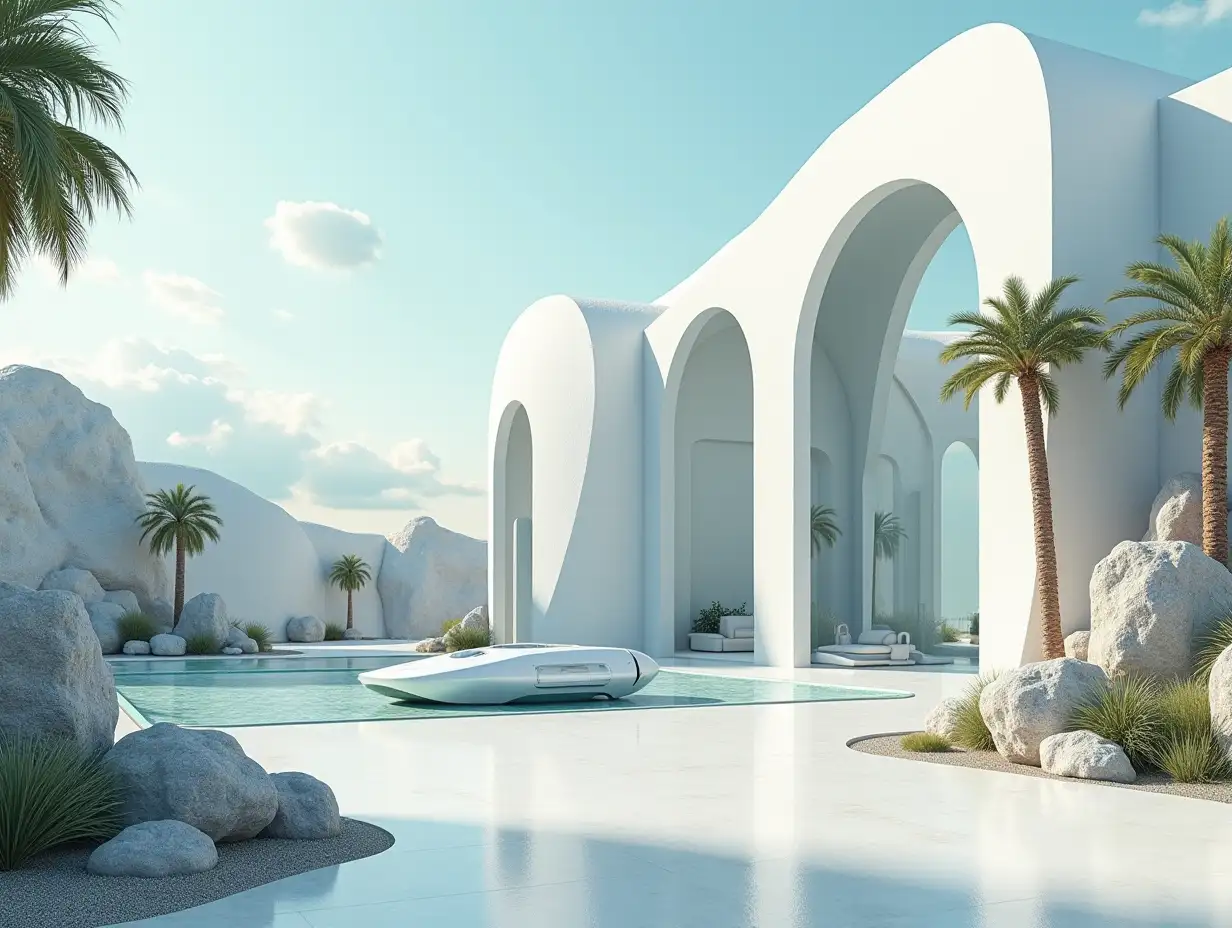 Create a high-resolution realistic image in 4k resolution a futuristic building with curved pillars, Palms, rocks and a futuristic vehicle cloudy sky