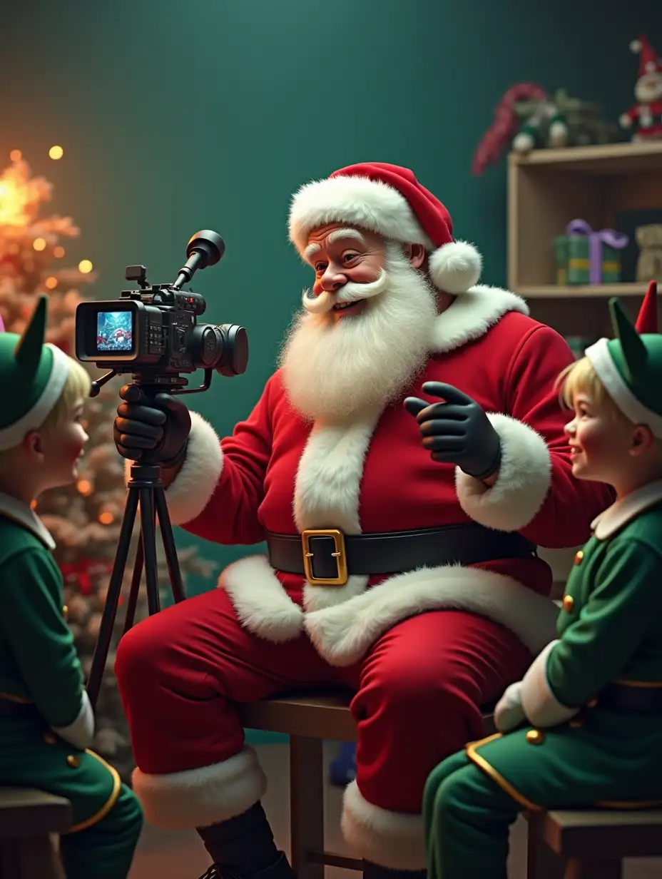 Santa Claus recording with a modern video camera his helpers while they build toys for the children. there are spots pointing at him. Santa Claus wears red with his classic suit and the helpers wear green, with pointed ears. realistic style