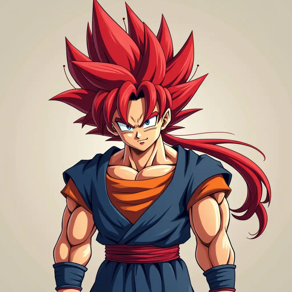 Create an image with a cosplay, similar to super sayan 4, but with hair only on the back, longer in tufts and on the arms but on the outside of the arm and red hair in the anime style, long behind