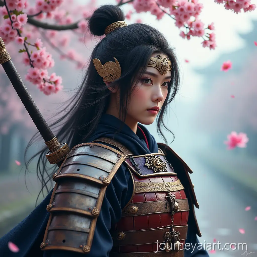 Fierce-Samurai-Woman-in-Detailed-Armor-with-Cherry-BlossSamurai-woman-in-armoroms-and-Misty-Morning