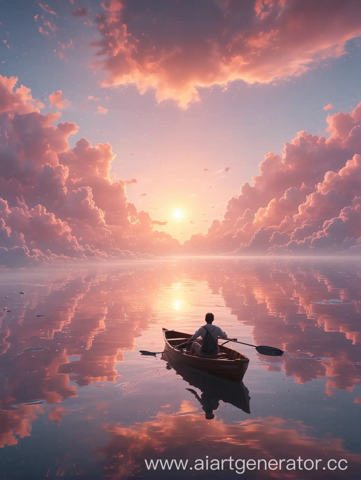 Lone-Rowboat-on-Calm-Water-with-Ethereal-Rainbow-Nebula-Reflection-at-Sunrise