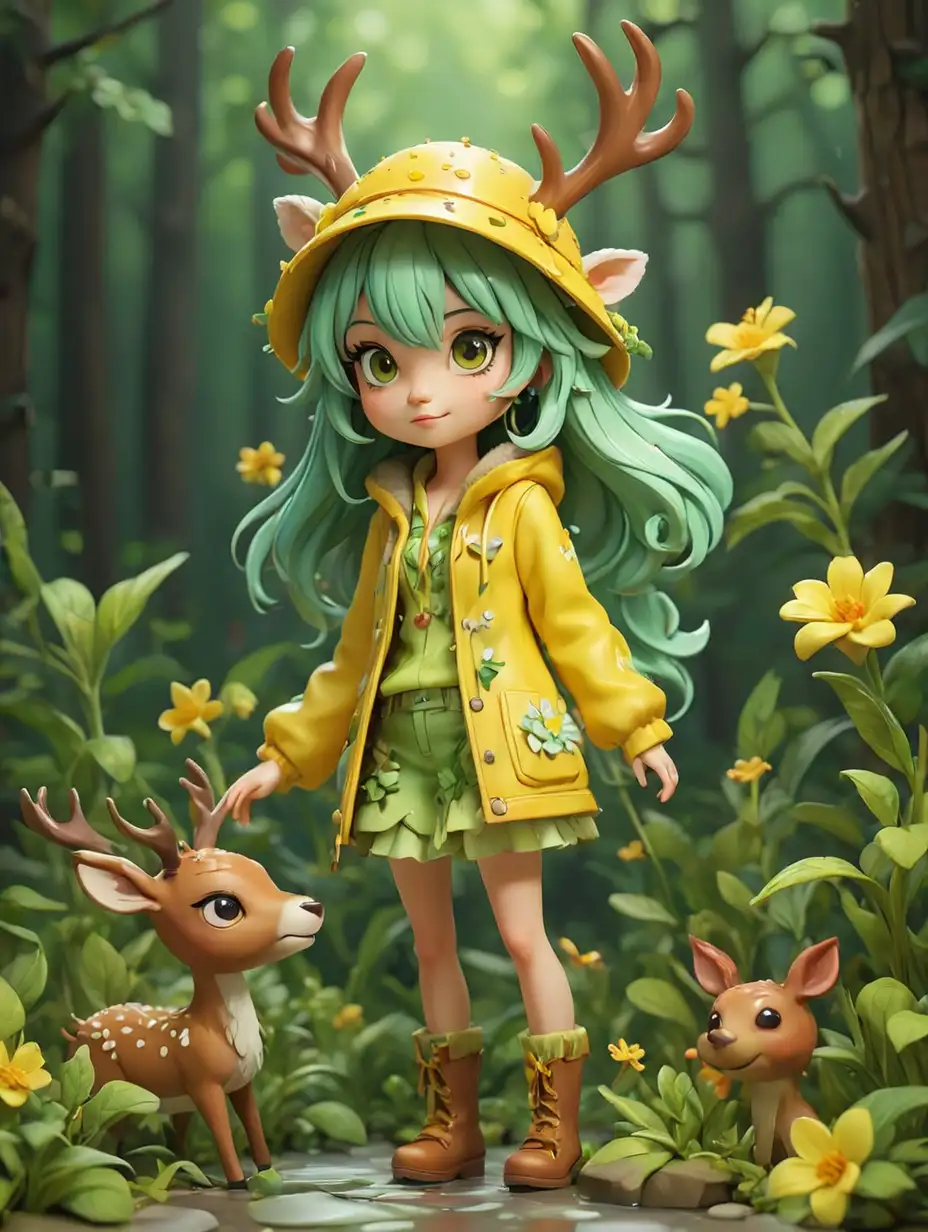 Playful Forest Scene with Cute Girl in Yellow Leather Coat and Deer Antler Hat