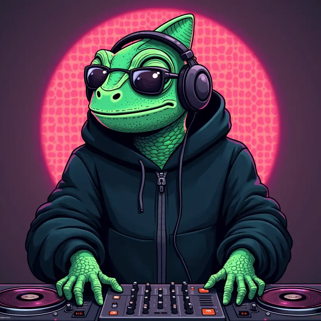 green chameleon, anime style, with blsck jacket smiling, DJ, with disco in the background, with dark glasses and headphones