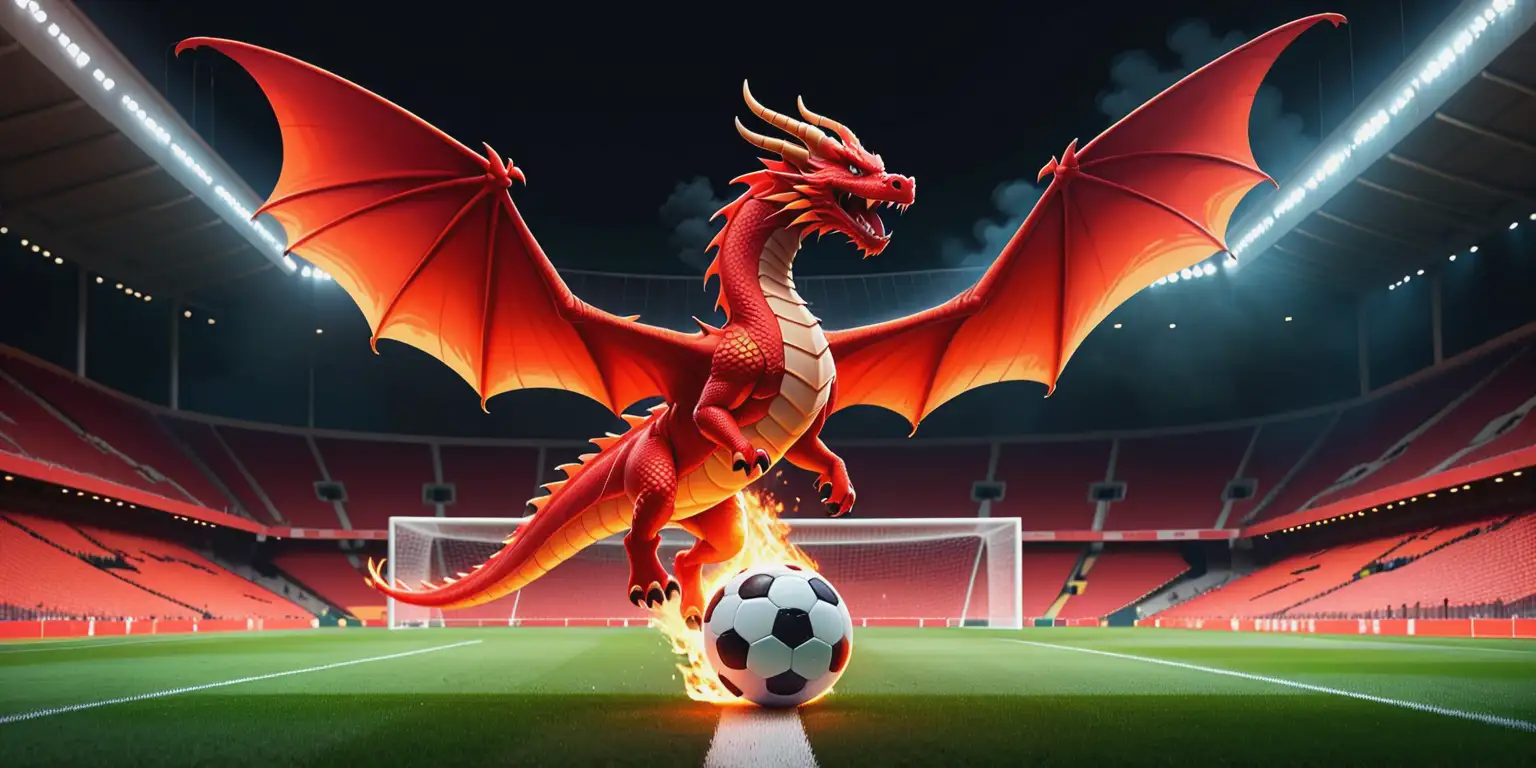 Aggressive Red Dragon Playing Soccer in Minimalist Cartoon Style