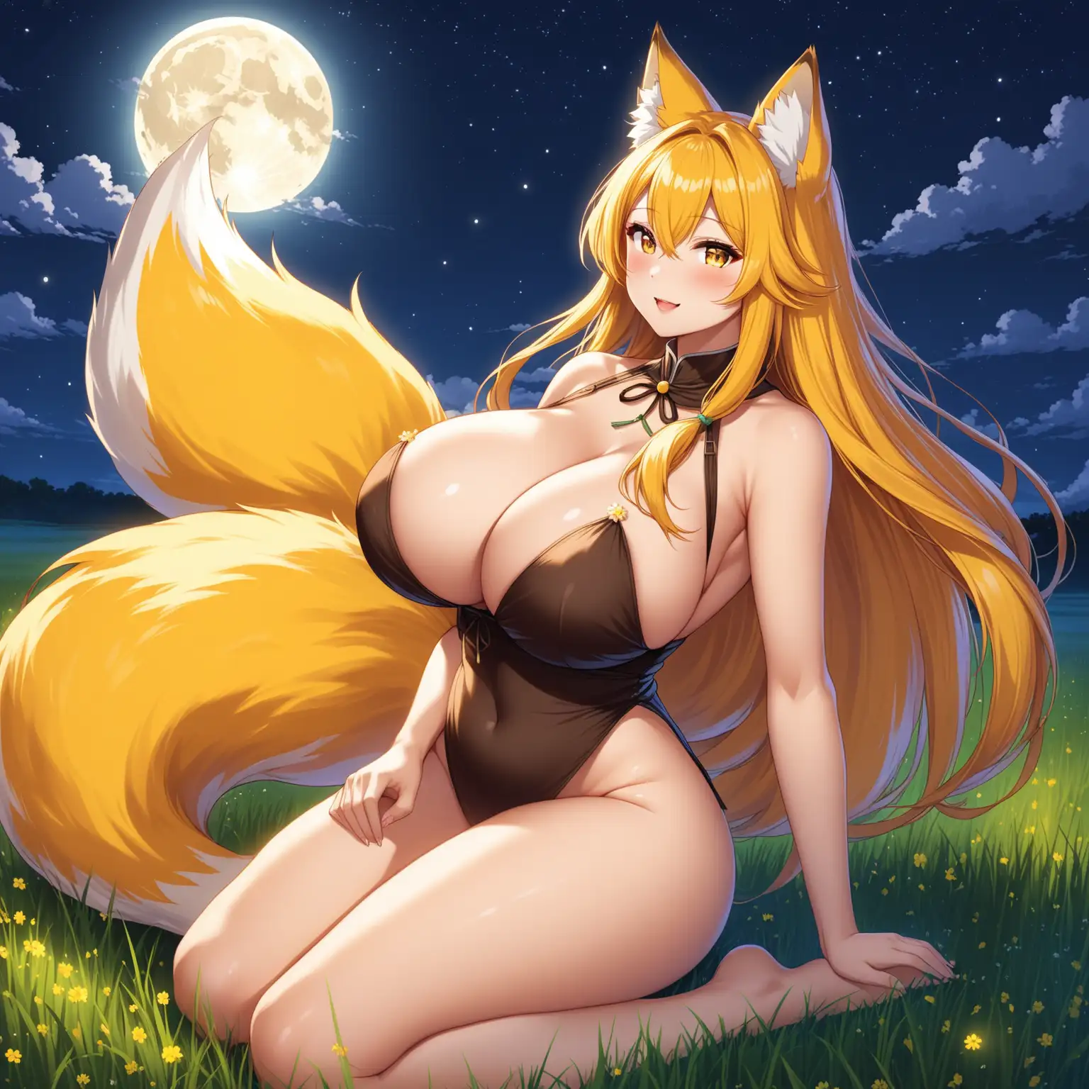 Kitsune-Girl-with-Yellow-Fox-Tail-Under-Full-Moon-on-Prairie