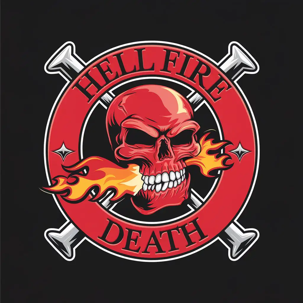 LOGO Design for Hell Fire Death Red Skull Flames and Red Inscription on Black Background