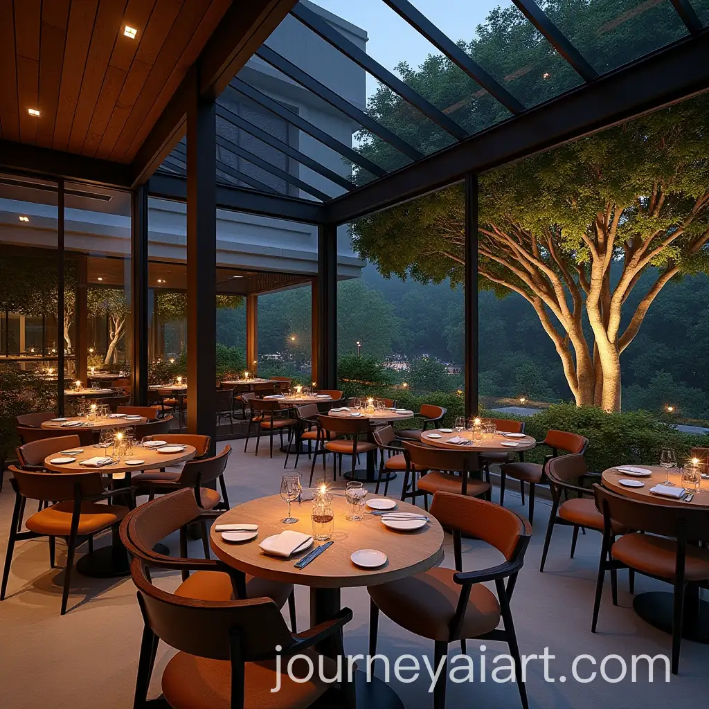 Luxurious-Terrace-Cafe-with-Glass-Walls-and-Pergola-at-Night