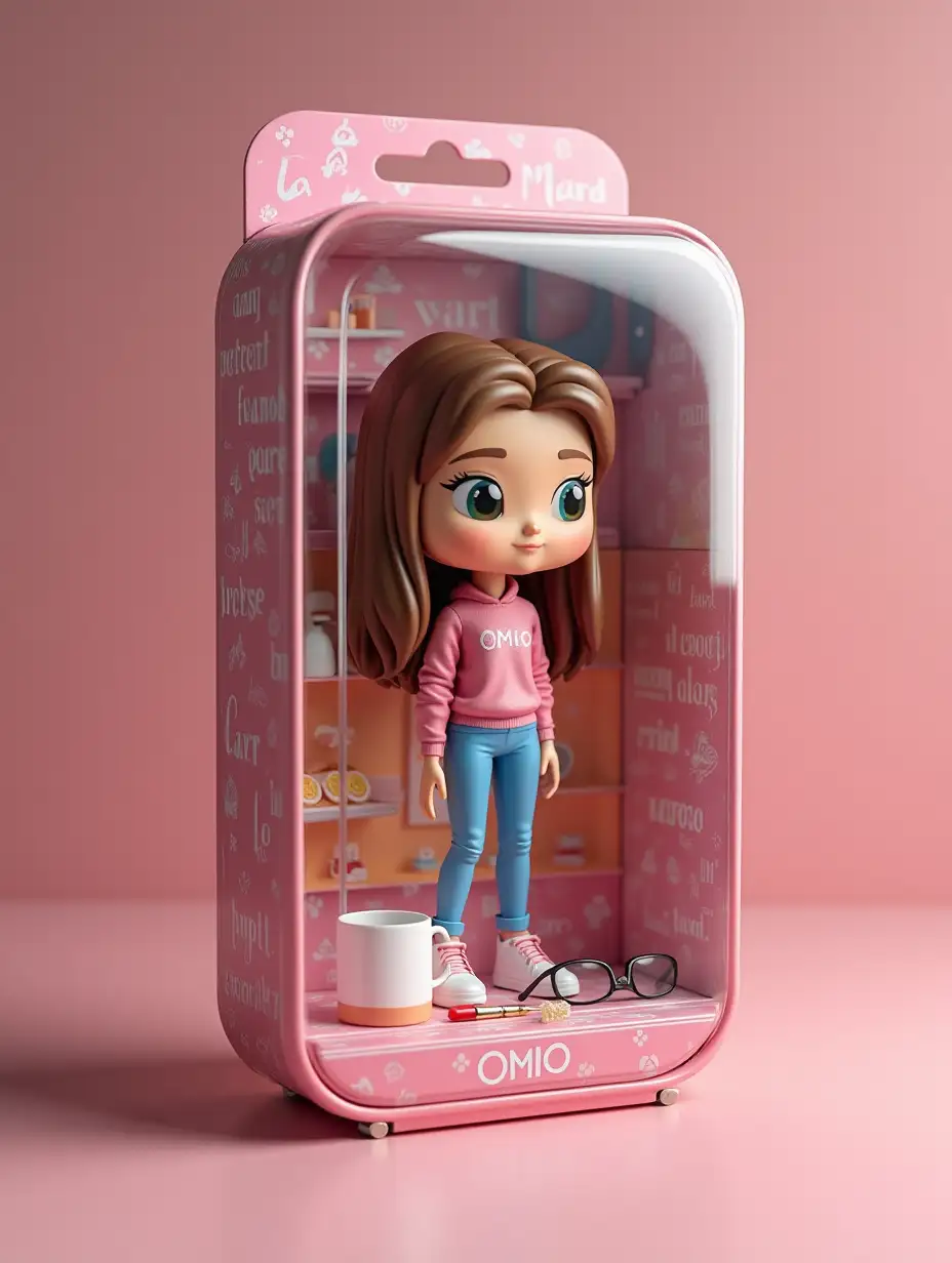Create a photorealistic action figure of a person in a photo. The figure should be full size and fit inside a transparent plastic case with a colorful cardboard background, like real collectible toys. Make the packaging as realistic as possible - shiny plastic, compartments for items and a design in the style of a toy store. Label the box with the brand [OMIO]. The packaging atmosphere will be [pink].nPlace accessories next to the figure: a laptop, cup, glasses, lipstick, lollipopnMake the figure in the style of [Funko Pop].