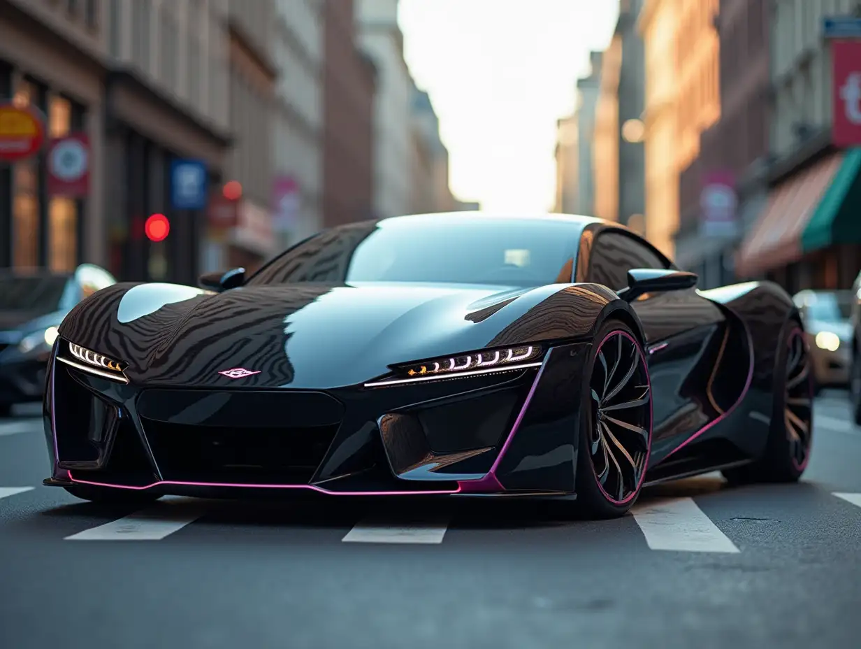 A futuristic car is standing on a city street.