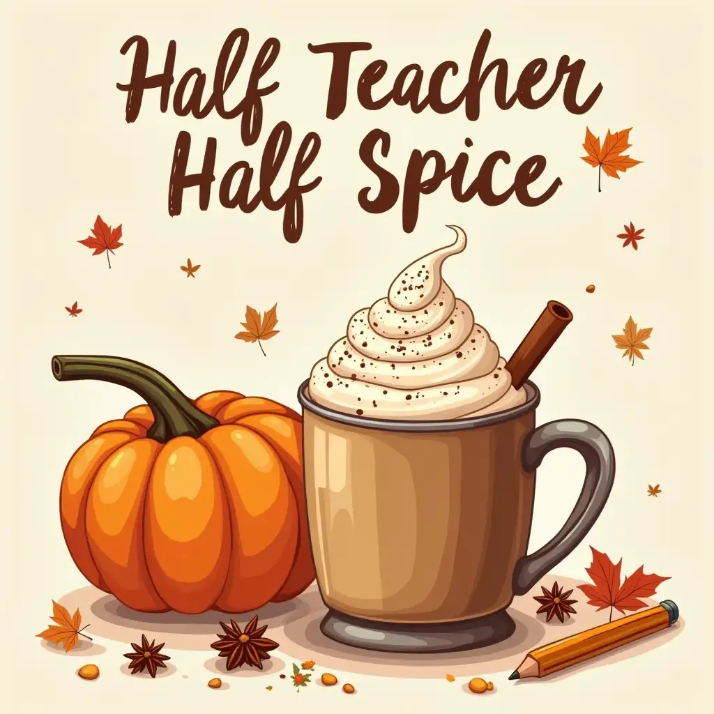 Vector illustration. the text 'Half Teacher Half Spice' above it. A steaming mug of pumpkin spice latte adorned with whipped cream and cinnamon, sitting beside a vibrant orange pumpkin. Scattered around are autumnal elements like flowers, star anise, and a pencil, creating a cozy and inviting atmosphere. 