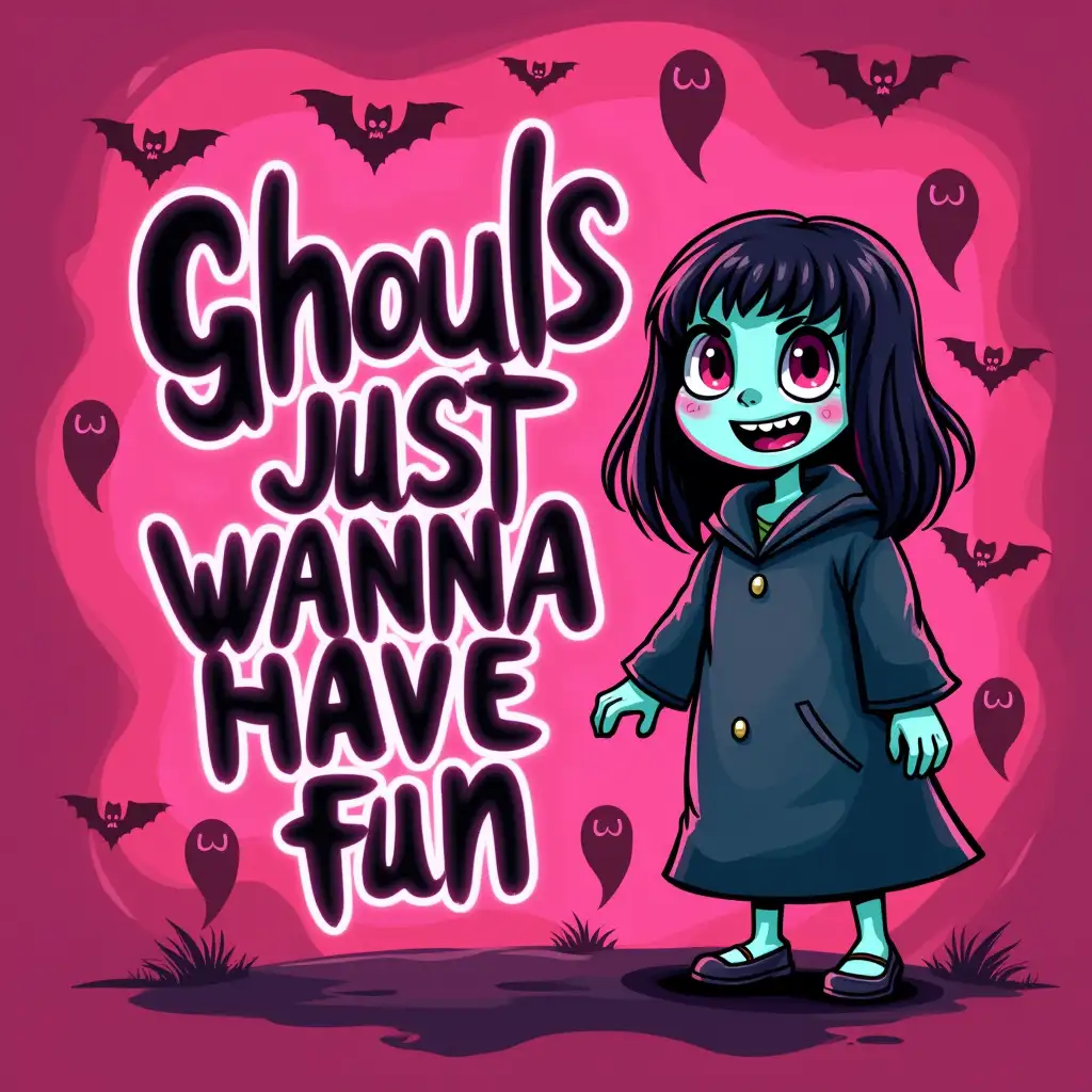 Vector illustration. A spooky Halloween-themed image with a cute, cartoonish ghoul girl in the foreground. The background should have a pink color with a pattern of bats and ghosts. The image should have bold, black text that reads 'Ghouls Just Wanna Have Fun' neon.