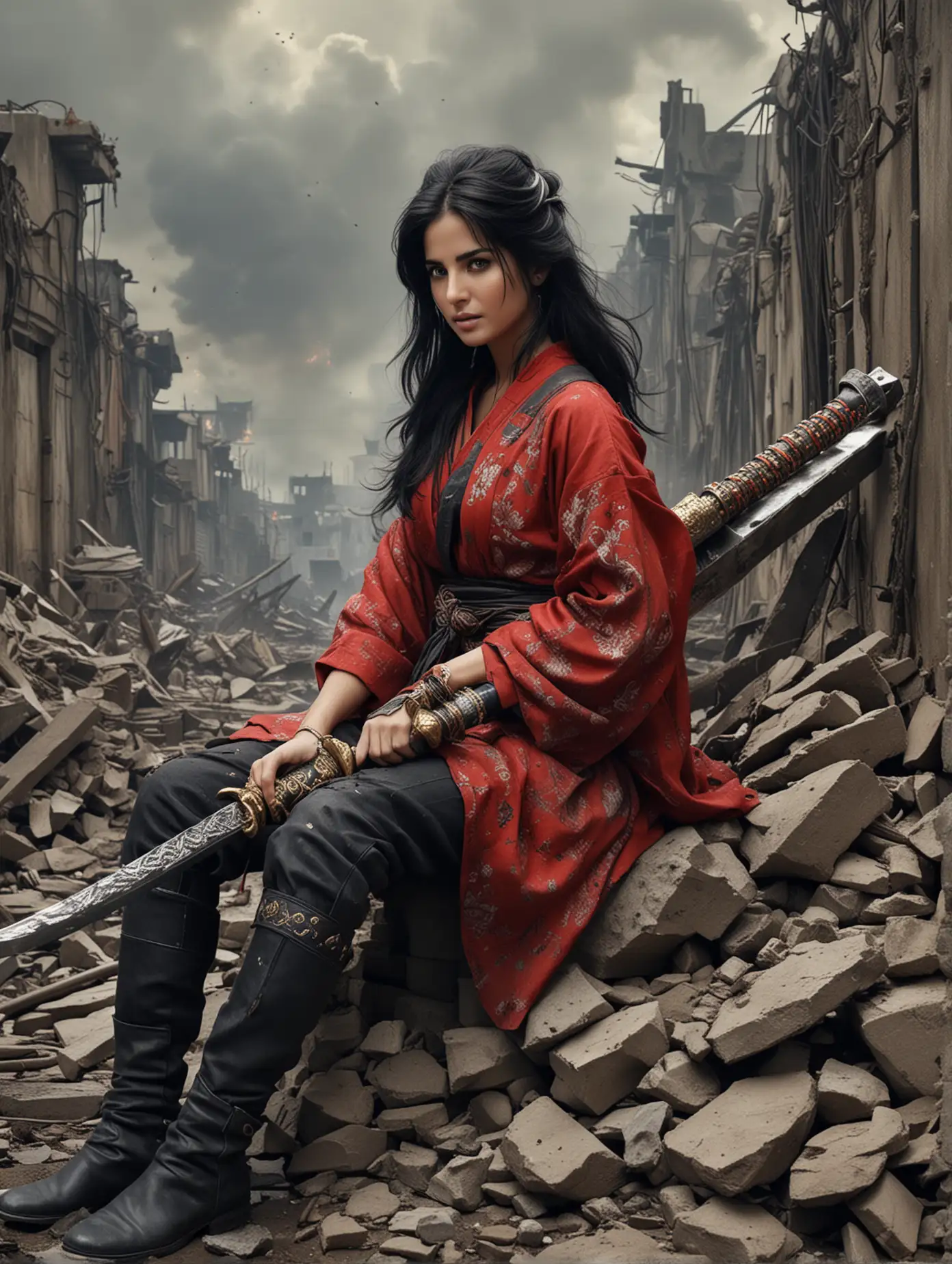 4D hyper realistic image about a beautiful Katrina Kaif with shoulder short black hair, she was cosplaying as inuyasha with intricately baroque pattern, she was sitting on pile of wall's wrecked, In a distant future, power has run out and the old machines of war are left to rot, cloudy atmosphere, flamme, explosive fire, smokey effect, she was holding a gigantic katana, sitting on pile of wall's wrecked