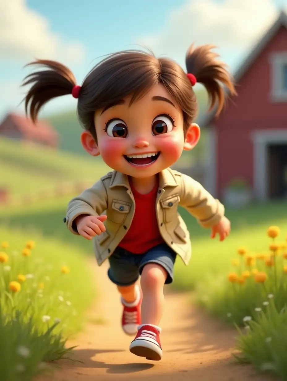 Genie, 3-year small playful girl, Pigtails, Light brown, large, expressive brown eyes, joyful smile, Light beige jacket, Red upper body, Dark denim shorts, Red sneakers with white soles, Running happily through the farmyard, Green fields, barn in the distance, 3D Pixar animation style