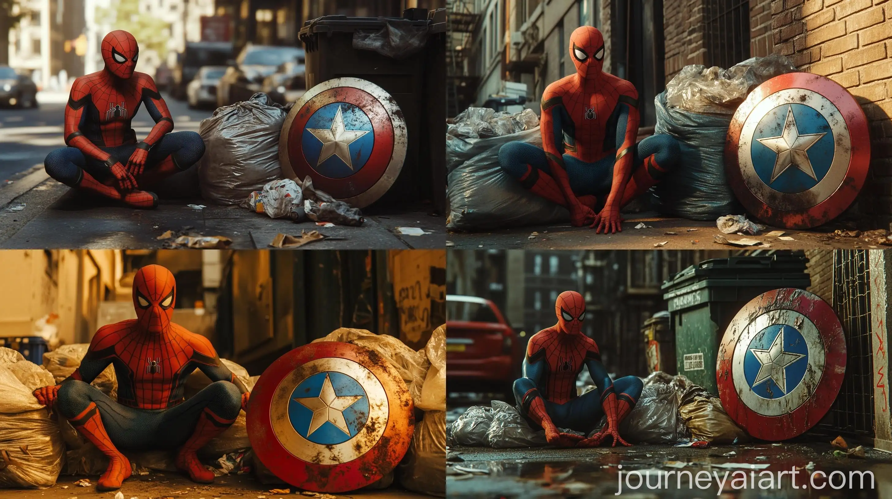 Superhero-Moment-Spiderman-with-Captain-Americas-Shield-in-New-York-City