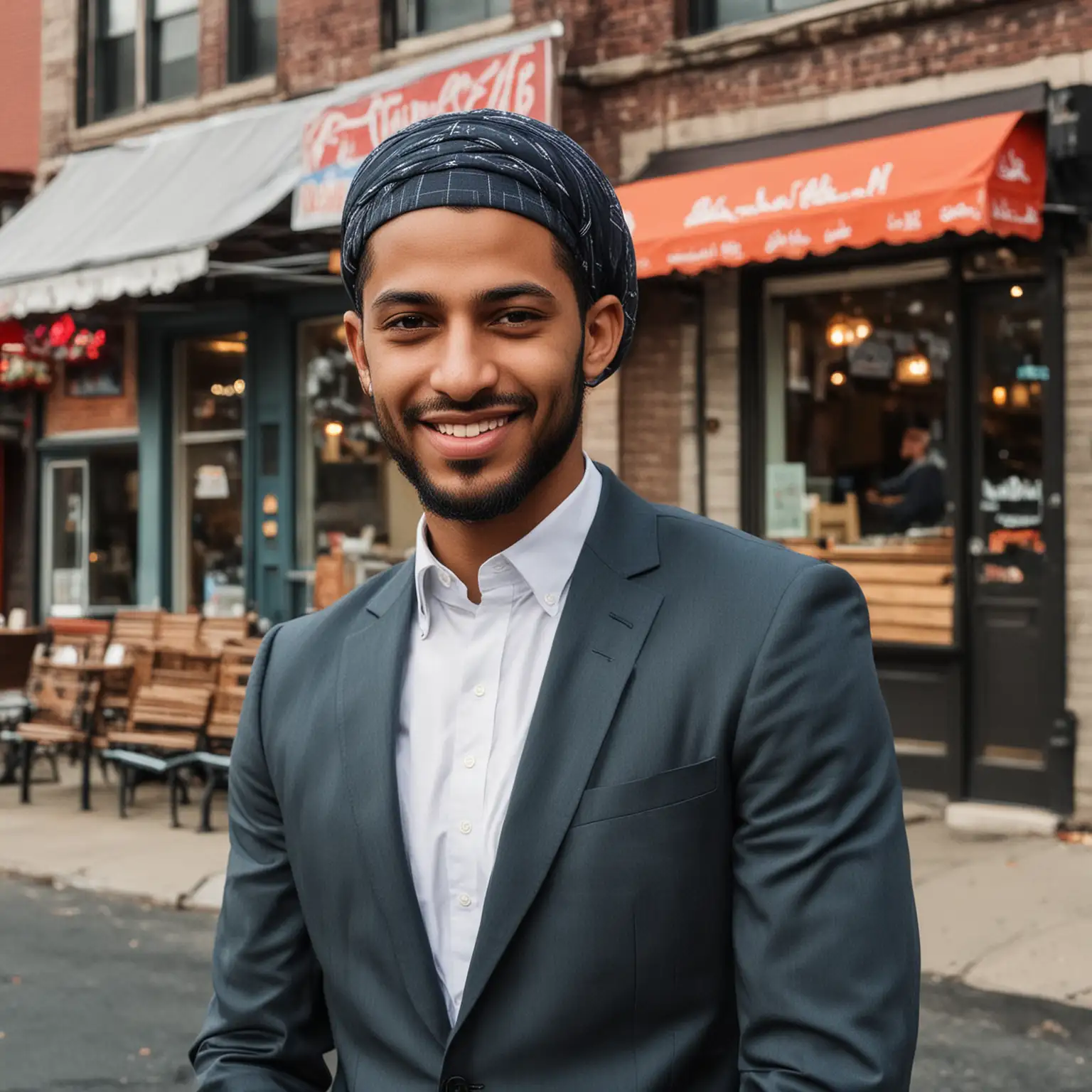 Modern Muslim Man Smirking on Brooklyn Street