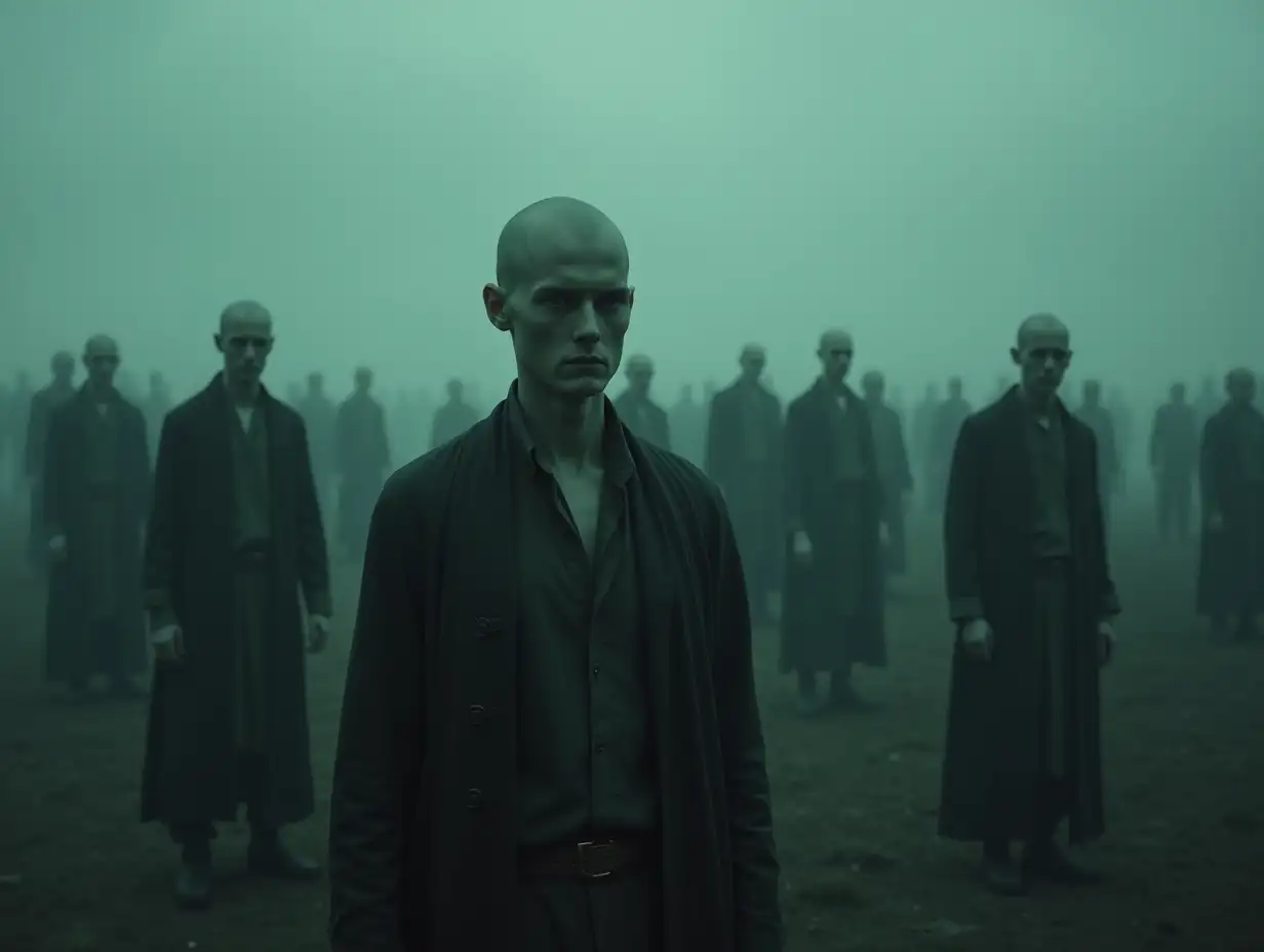 A realistic photo of a Gray color and foggy evening in., a close-up shot of group of pale skinned figures standing and looking at viewers showing courage and determination in their facial expressions. in Deserted plain, the dark black rainy cloudy sky. with intricate details , greenish ambiance suggests a foggy or polluted atmosphere., evoking a post-apocalyptic vibe. Muted greens and grays dominate, adding to the eerie allure.