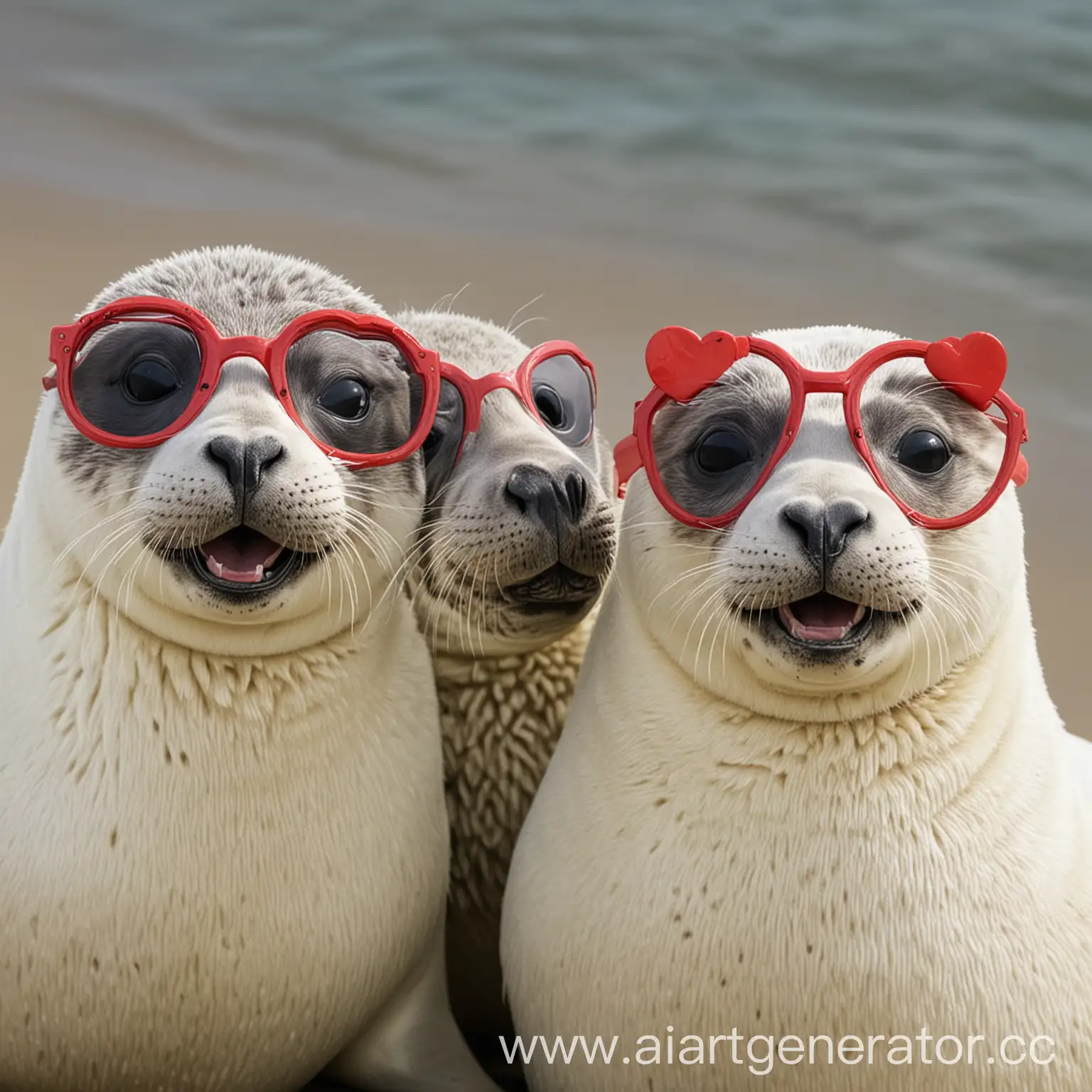 smiling seals with heart glasses