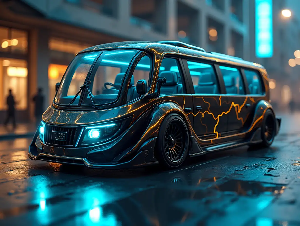 Modern utopian very small auto sports bus with gold and black lightning blue color Cyberpunk.