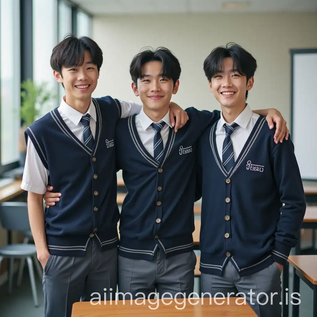 three handsome korean boys take picture together with school uniform at classroom