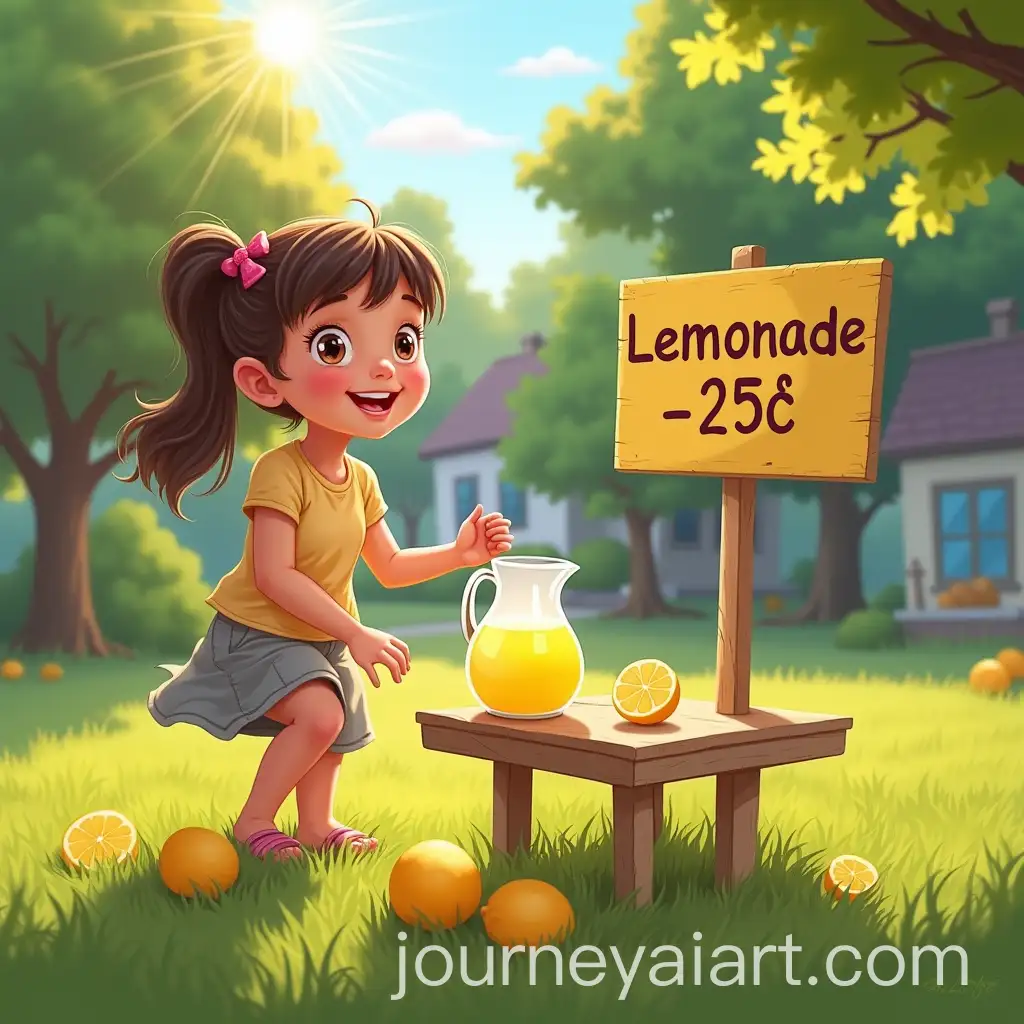 Cheerful-Young-Girl-Setting-Up-Lemonade-Stand-in-Sunlit-Yard