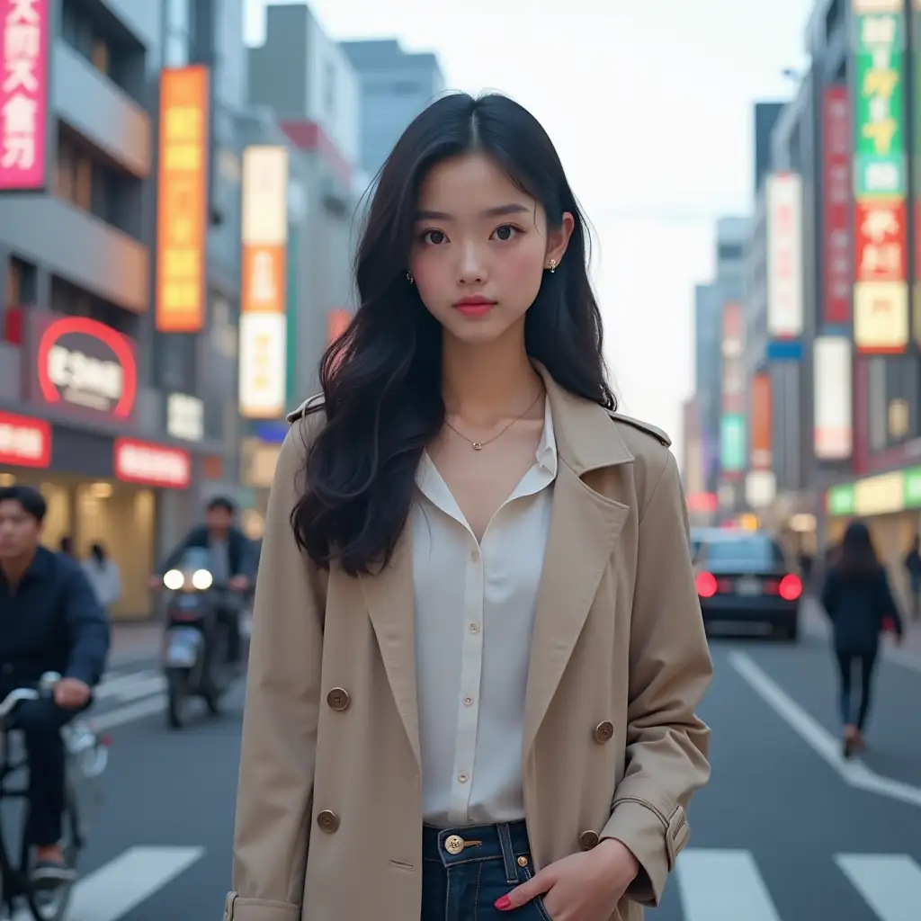 A photorealistic image of a 19-year-old Japanese woman standing on a bustling Tokyo street. She has long, silky black hair flowing over her shoulders, and her skin is smooth and glowing in the soft afternoon light. Her eyes are large, bright, and expressive, with a subtle hint of eyeliner accentuating their natural beauty. She wears a stylish yet simple outfit—a light beige trench coat over a white blouse, paired with dark jeans and ankle boots. Behind her, neon signs, modern buildings, and blurred pedestrians create a vibrant urban backdrop. The atmosphere is lively yet calm, with cars and cyclists moving in the background.