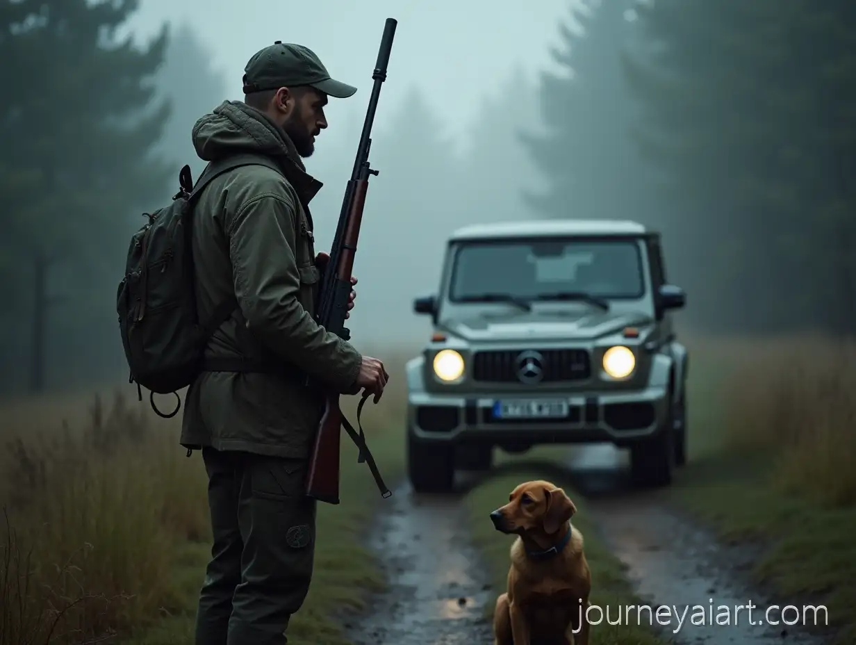 Hunting-Forester-with-Dog-inForester-with-dog-hunting-Rainy-Foggy-Landscape-Mercedes-GClass-in-Background