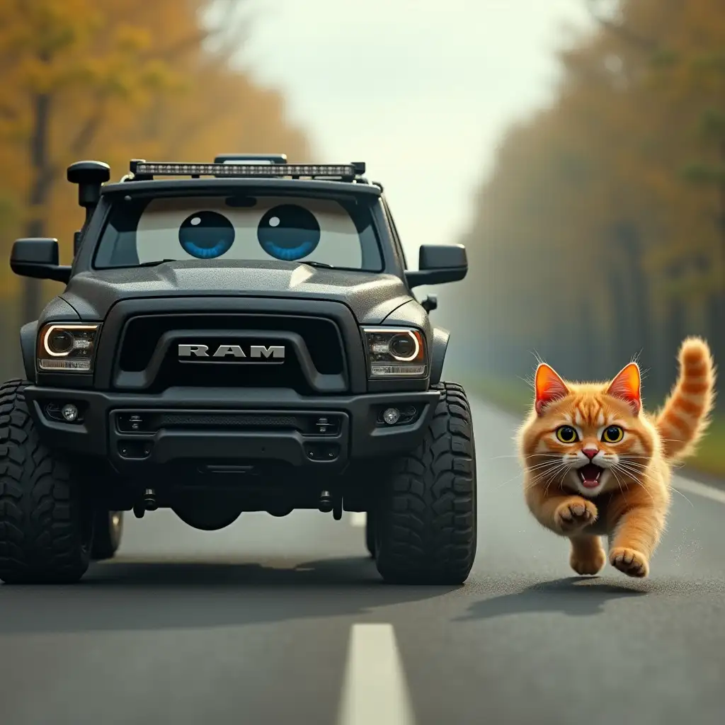 Huge black RAM TRX car is chasing a fluffy ginger cat, who runs away in fear along the road, one eye blue, the other yellow, goblin driving, computer graphics