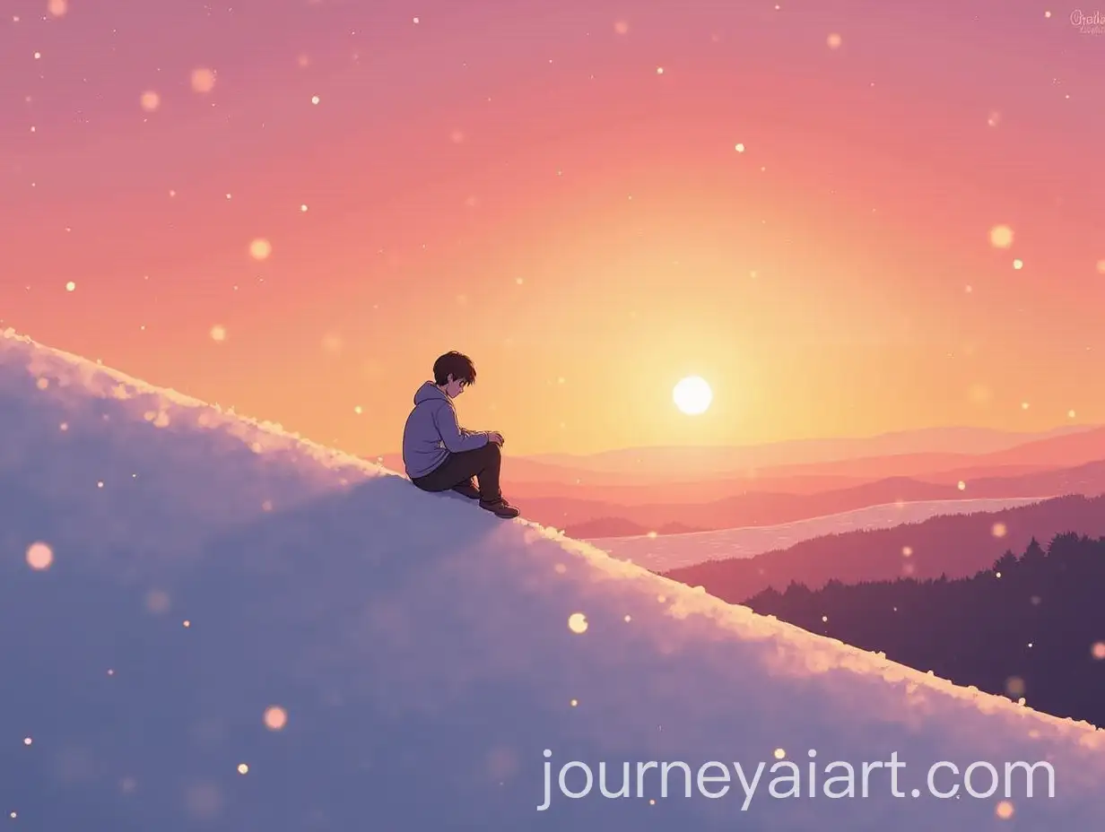 Person-Sitting-on-Snowy-Hill-at-Sunset-in-Studio-Ghibli-Style