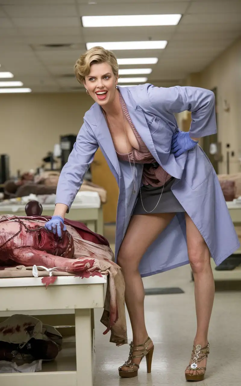 Pathologist Charlize Theron with a crazy smile and a deep neckline, miniskirt and sandals with high heels does a corpse dissection in the morgue, photo, cinematography, 4k