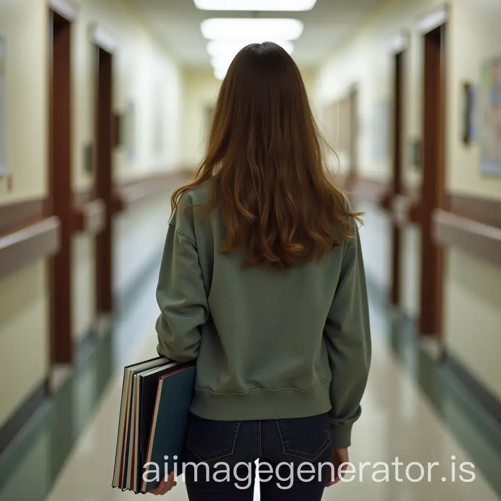 a student in a hallway with books in her hand and from behind. her face is not visible