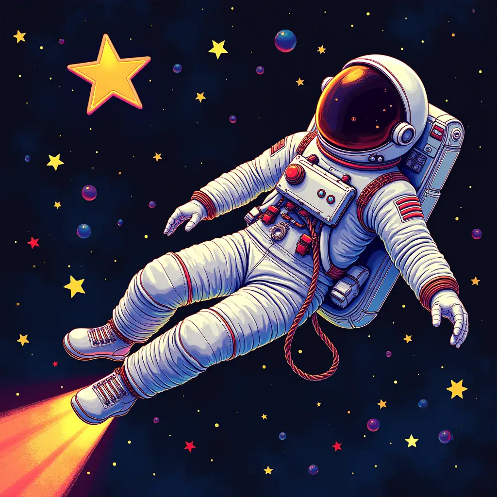 Female-Astronaut-Floating-in-Space-with-Neon-Organic-Shapes-in-Psychedelic-Style