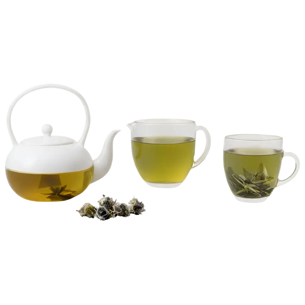 Clear-PNG-Image-of-a-White-Table-with-Tea-Glasses-Kettle-and-Floral-Vase