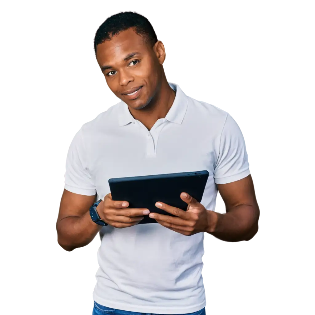 AfricanAmerican-Man-in-White-Polo-Shirt-Interacting-with-Tablet-HighQuality-PNG-Image