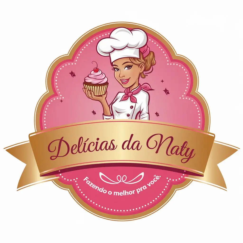 LOGO Design for Delcias Da Naty Cheerful Female Chef with Cupcake in Pink and Gold with Elegant Cursive Text