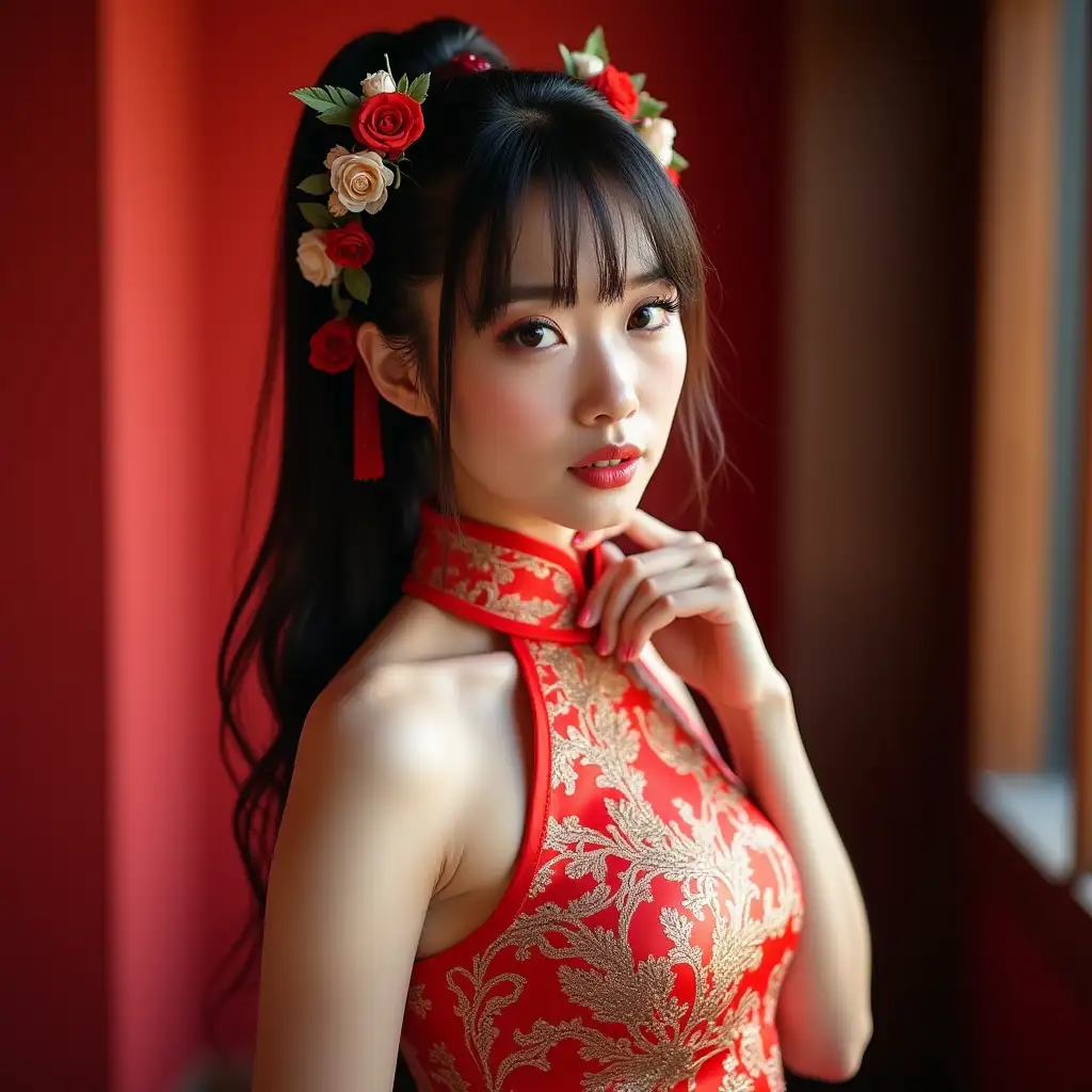 Young-Woman-in-Elegant-Qipao-with-Stunning-Hair-and-Headpiece-Captivating-the-Camera