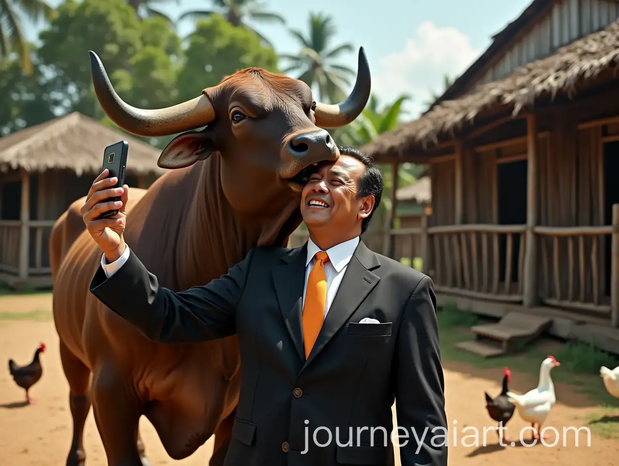 HumorousAI-Art-Prompt-Expansion-Malay-Man-in-Black-Suit-Taking-Selfie-with-Bull-at-Traditional-Village