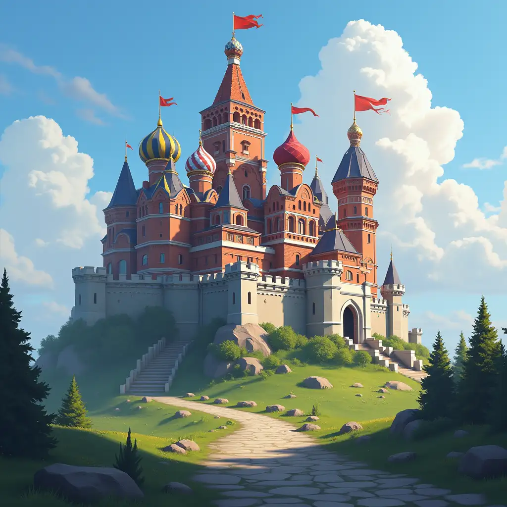 MMORPG in Russian, castle, flag of Russia