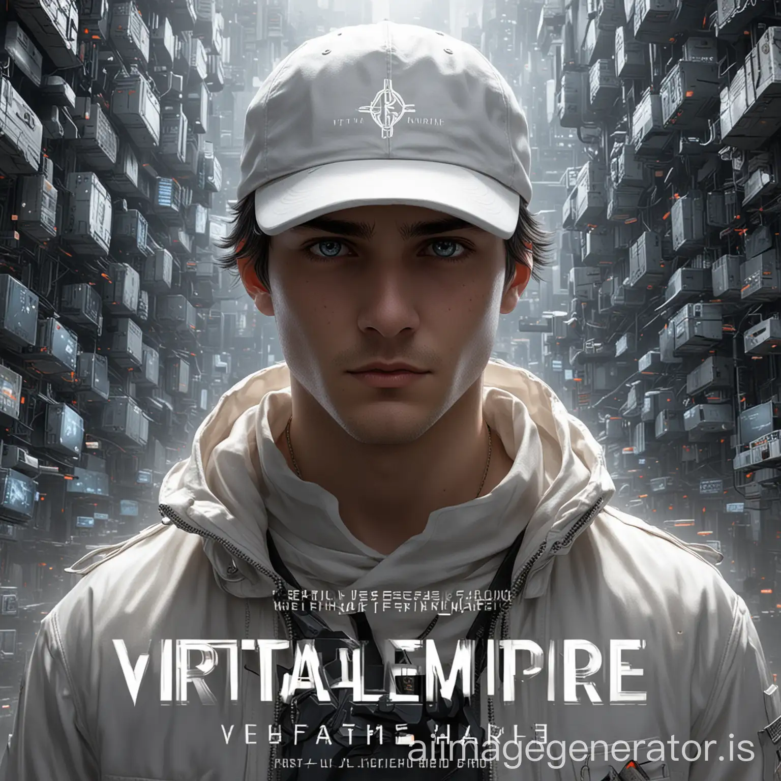 Design the cover image for the novel 'Virtual Empire: Never-ending Game', with future elements, featuring a male protagonist wearing a white cap, a hacker, and the novel name ‘Virtual Empire: Never-ending Game’ placed at the bottom part of the image.