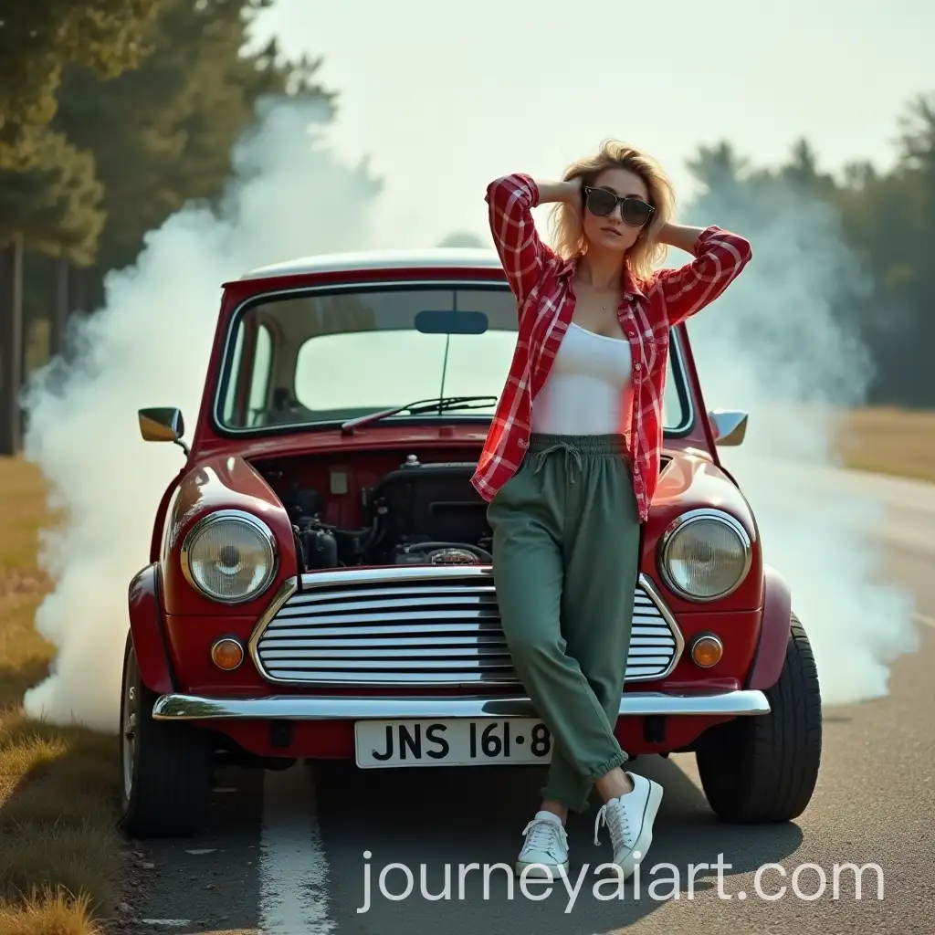 Woman-with-Broken-Down-Mini-Cooper-Car-on-Roadside