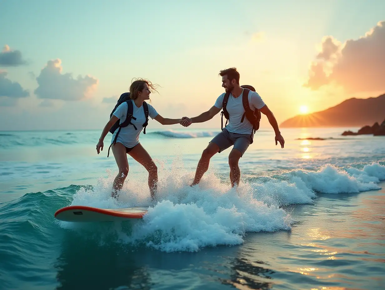 I want a realistic and attractive visual board where me being a female and my partner being a male are engaged in surfing activities - show a vast ocean and us having fun time surfing, another picture where the guy is giving adorable and loving look to the female, where the guy and the girl are trekking together with their trekking poles and trek bags, where husband and wife are decorating their room of the bungalow which they have newly bought, they are enjoying their evening walk and evening snacks together in their balcony