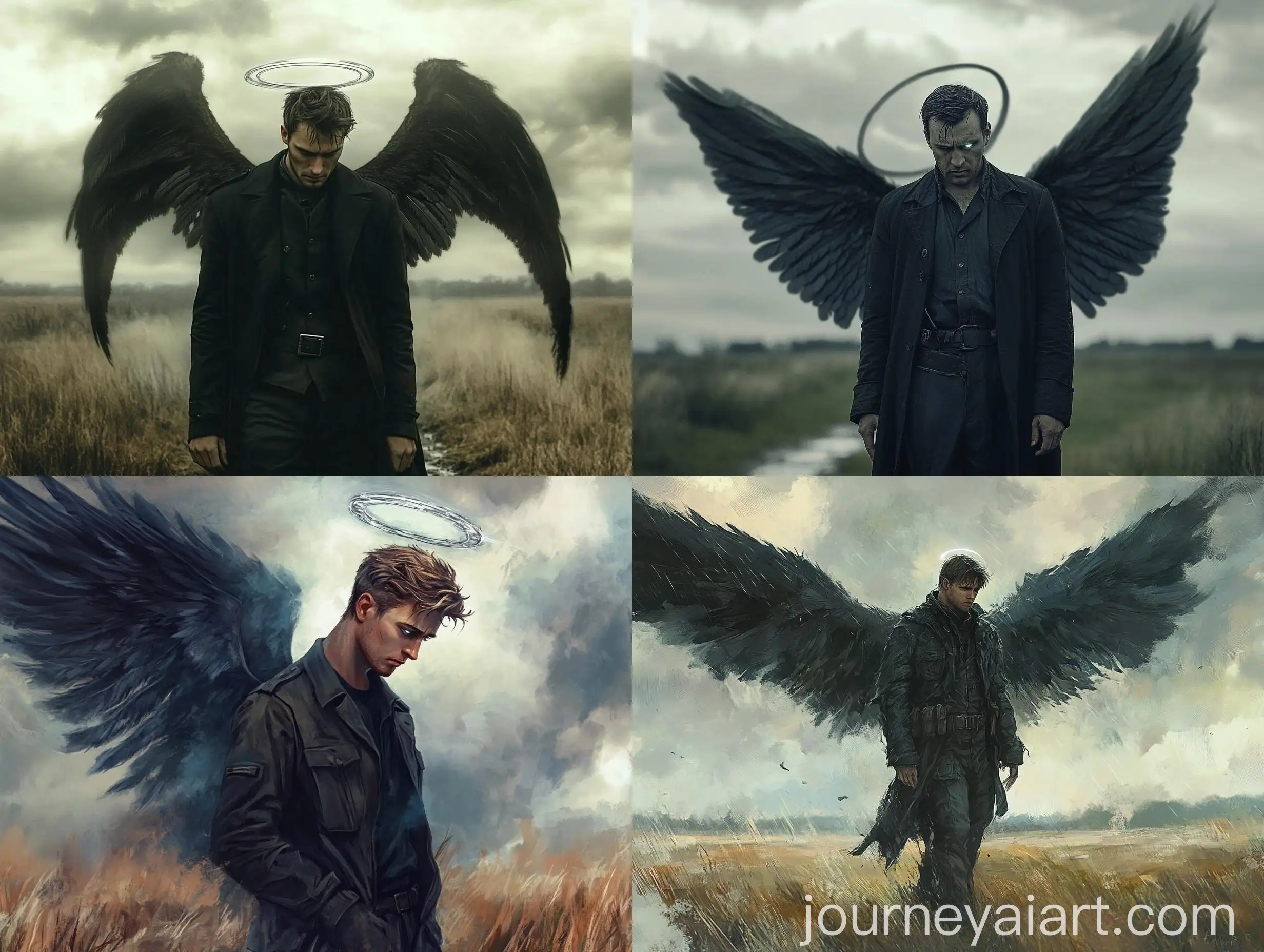 Mature-Angel-Man-in-Dark-Coat-and-Wings-in-Rural-Rainy-Field