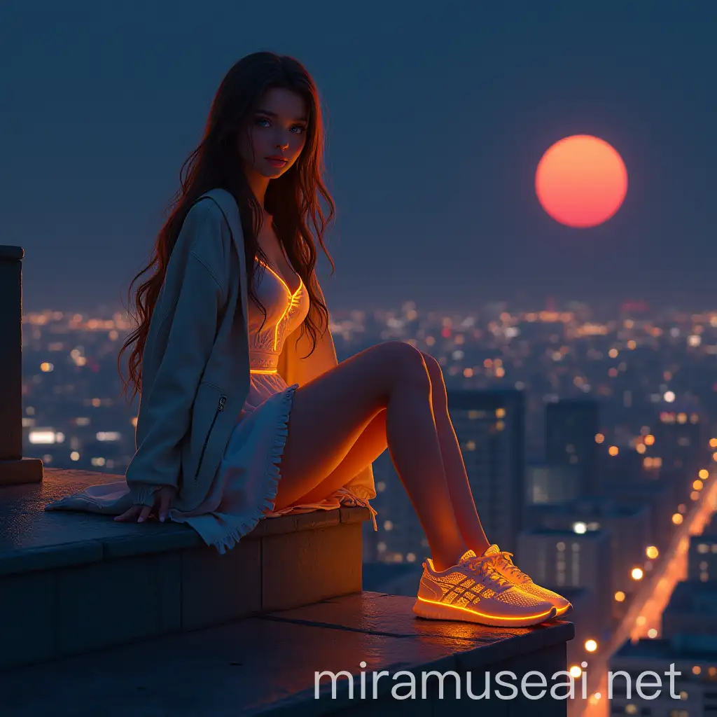 3D 8k minimal illustrator minimal women fairytale sitting on the cornor of the california huge and high building with her lightyellow digitallight stunning dress nice breast light in the midnight with her yellow digital light suite with her longest hair and beautiful face watching the amazing sunset cinematic reflection Aivision, strong neon colors, full body of beautiful young women with dramatic expression, prety blue eyes , full red lips, brown hair, She wears blouse ,Mini skirt, coat with amazing sneakers in neon colors,full body . Modern cloth. she stands in the street anxiously , dark winter environment and gloomy, image realistic, realistic facial features, Fairy Tail, Extremely detailed , intricate , beautiful , fantastic view , elegant , crispy quality Federico Bebber's expressive, full body, Coordinated colours, night