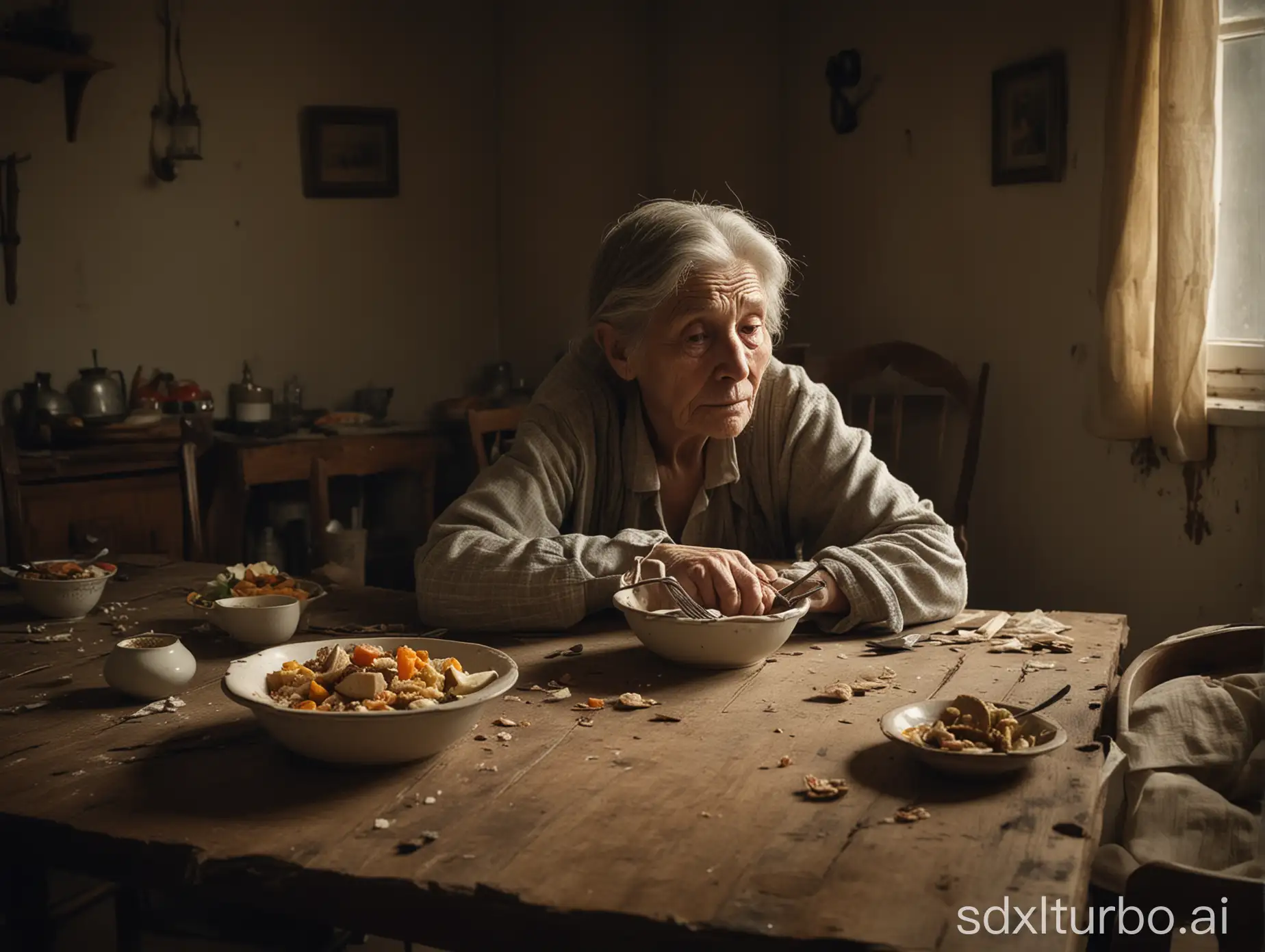 Contemplative-Elderly-Woman-Sitting-at-Damaged-Dining-Table-with-Bowl-of-Food